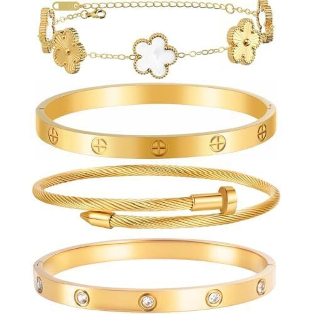 1610 Gold Bracelets -4Sets,18K Gold Plated Bracelet,Stainless Steel Bangle